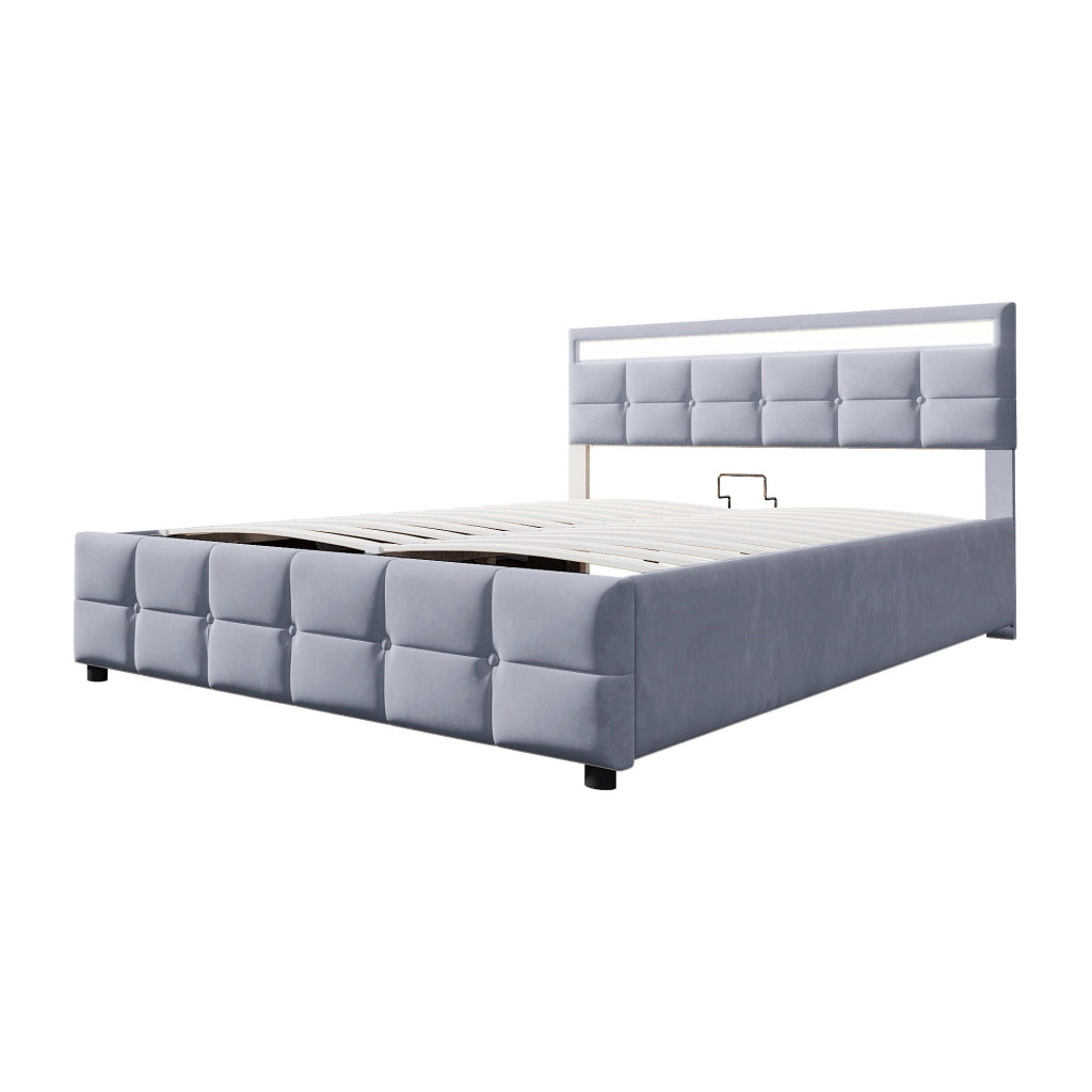 LETTO Imbottito 180x200 cm con LED, Sollevamento Idraulico, Velluto Grigio