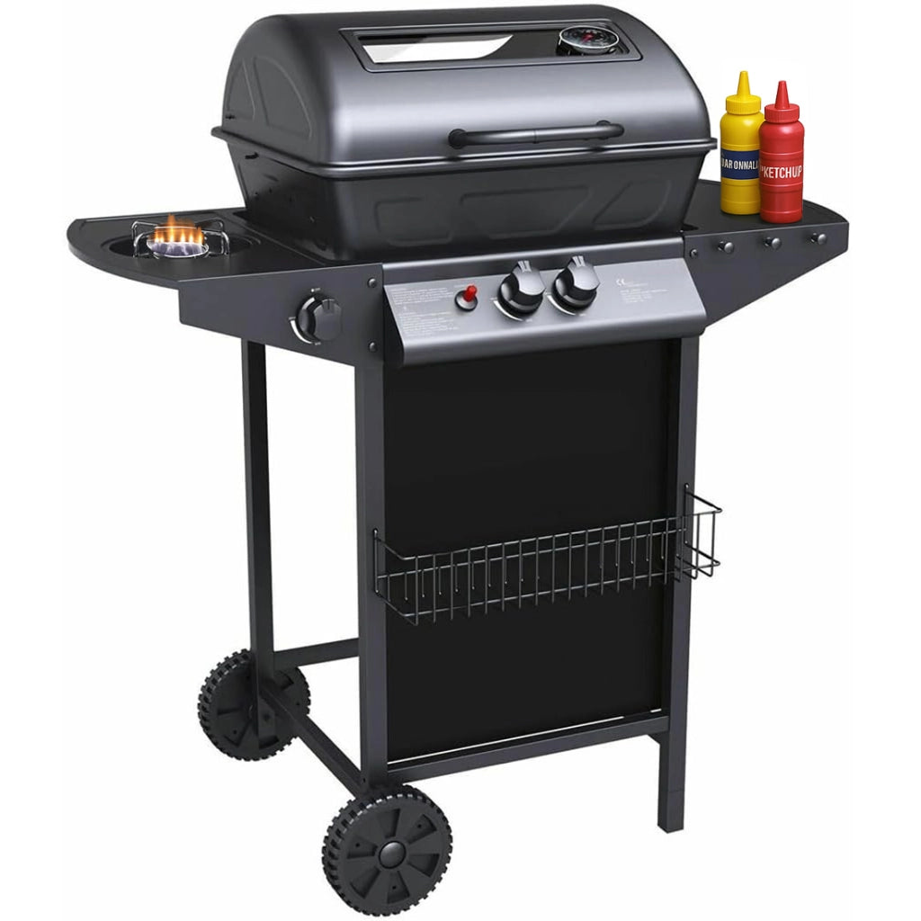 Barbecue a Gas Pietra Lavica 2 Fuochi + Fornello Piano Laterali Griglia Acciaio