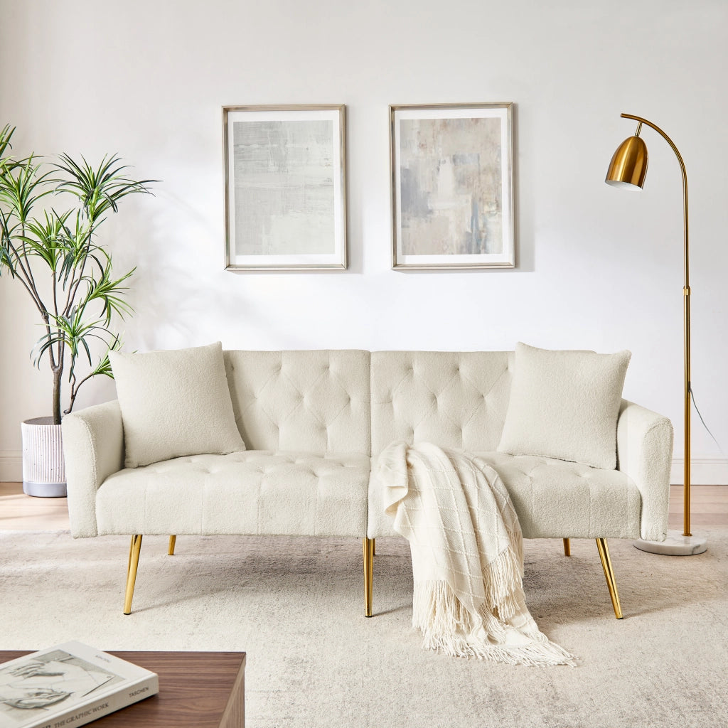 Divano a 2 posti con schienale regolabile a 3 posizioni, cuscini coordinati, in tessuto teddy beige