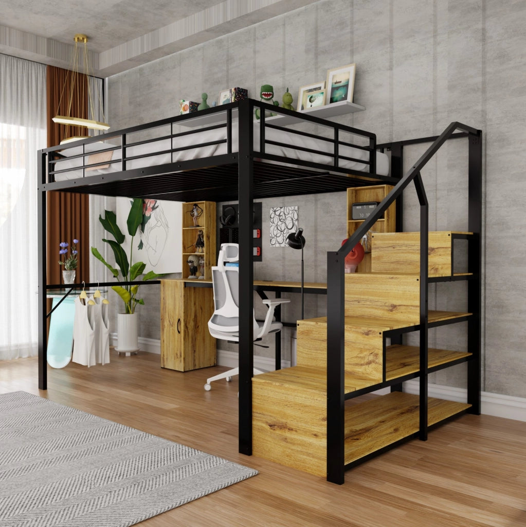 Letto a soppalco 140x200 cm in metallo e MDF con scrivania; armadio; scale contenitore; nero