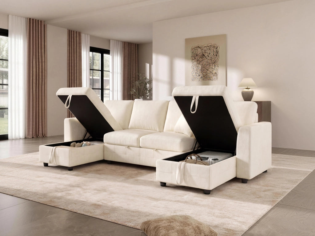 Divano angolare convertibile in ciniglia con letto estraibile e contenitore, USB, Type-C beige 260 × 128 × 82 cm