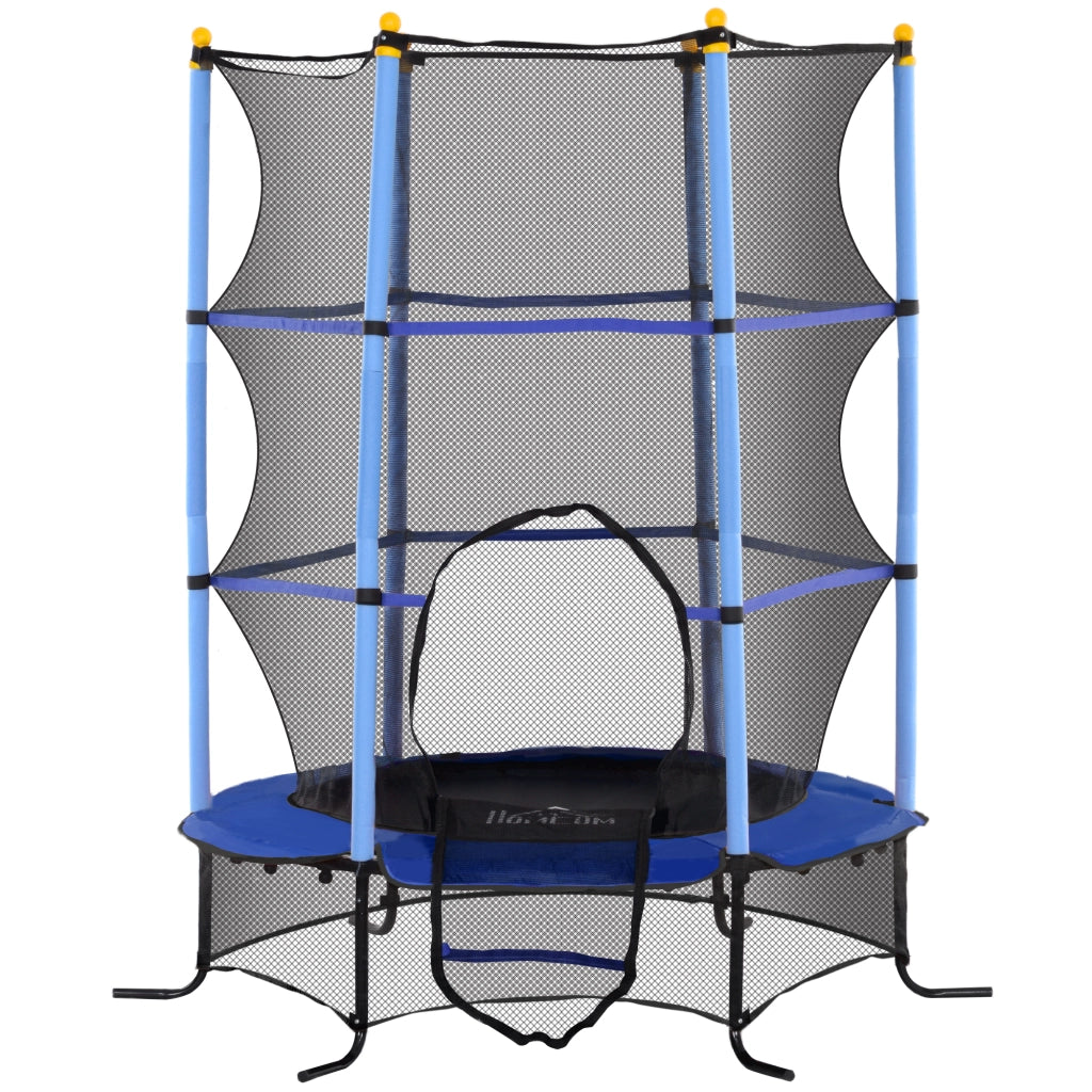 Trampolino Elastico per Bambini ?1.6x1.9 m con Rete di Sicurezza e Pali Imbottiti, Et¨¤ 3-10 Anni, Blu