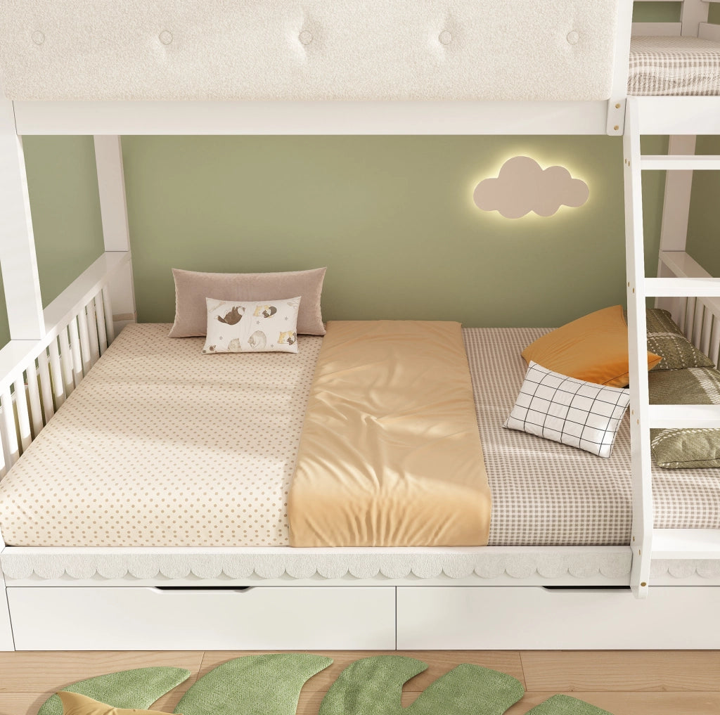 Letto a castello per bambini e adulti 90x200/140x200 cm in legno bianco con cassetti e portariviste