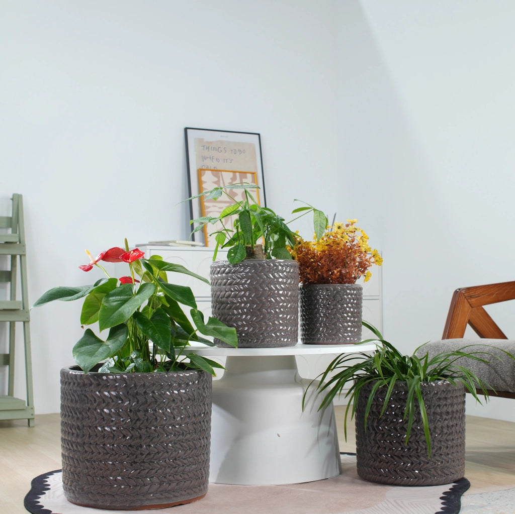 VASO in Ceramica  24,5 cm Grigio Lucido con Foro di Drenaggio