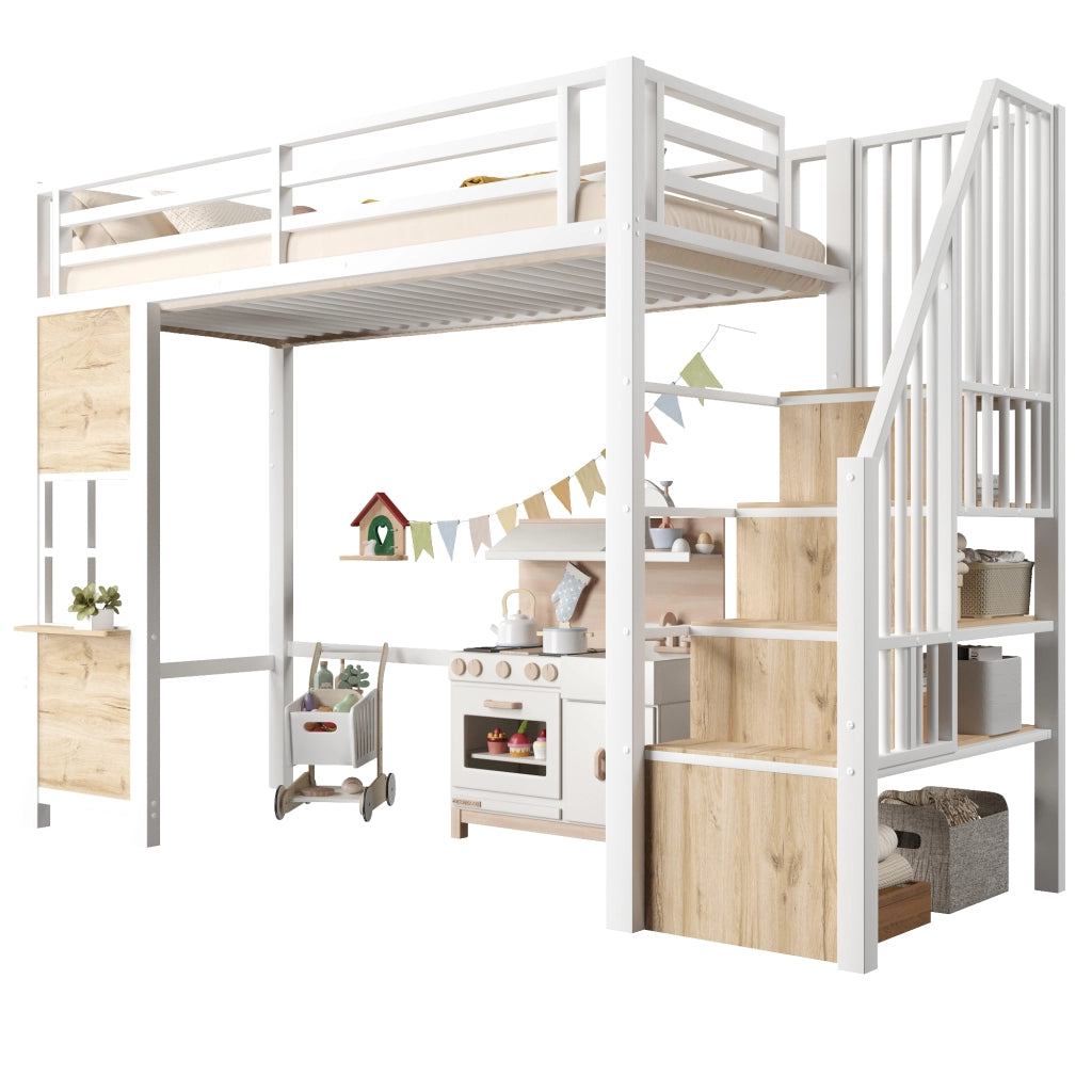 Letto a soppalco 90x200 cm con scala contenitore; finestra; spazio libero sottostante e parapetto; metallo bianco