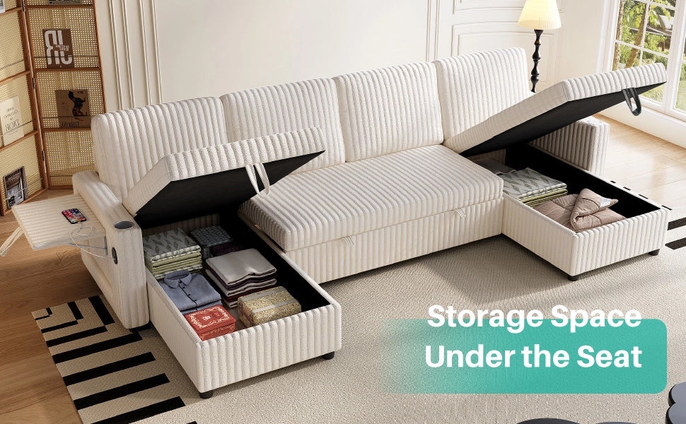 Divano letto ¨C Minimal ¨C Beige in tessuto con doppio spazio contenitore