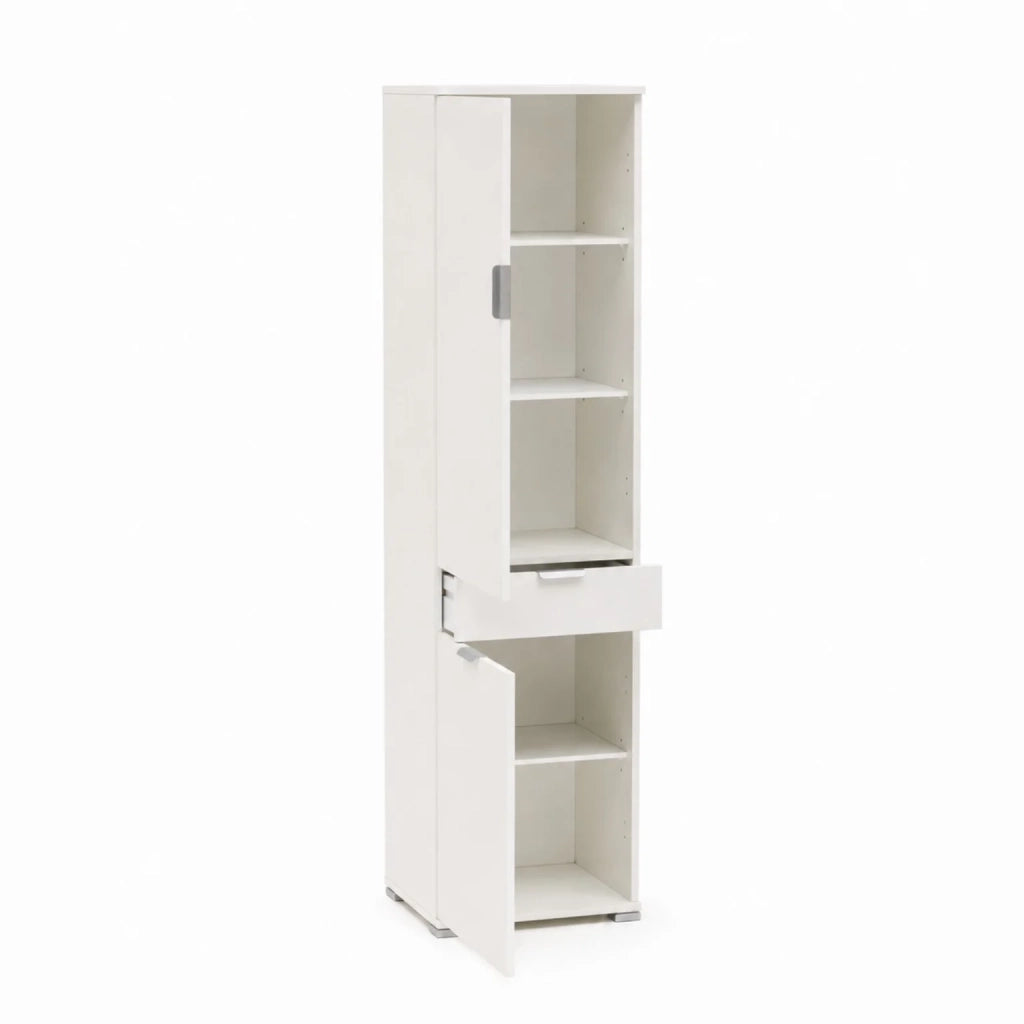 Armadio Colonna 2 Ante con Cassetto Bianco Già Montato | Mobile Multiuso Salvaspazio con Ripiani Regolabili | Armadietto Alto per Bagno, Cucina e Lavanderia