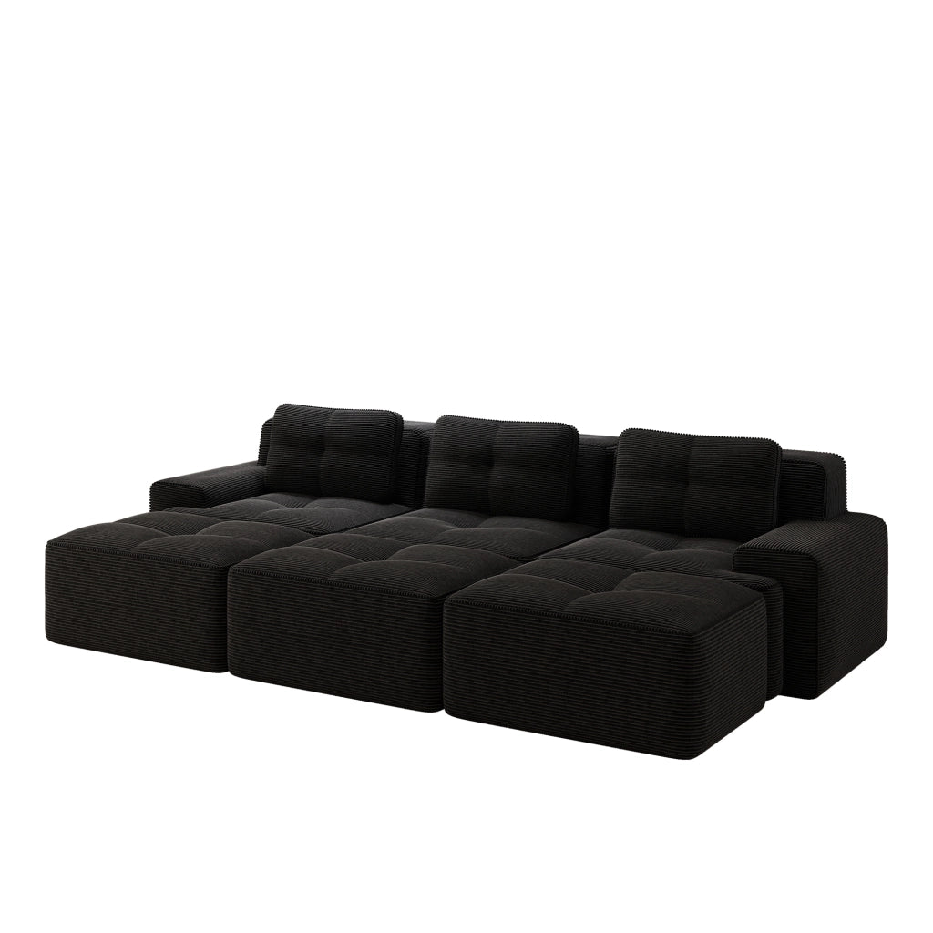 Divano Angolare Modulare 3 Posti con Schlaffunktion ¨C MINIMAL ¨C Velluto a Coste Nero, 3 Pouf