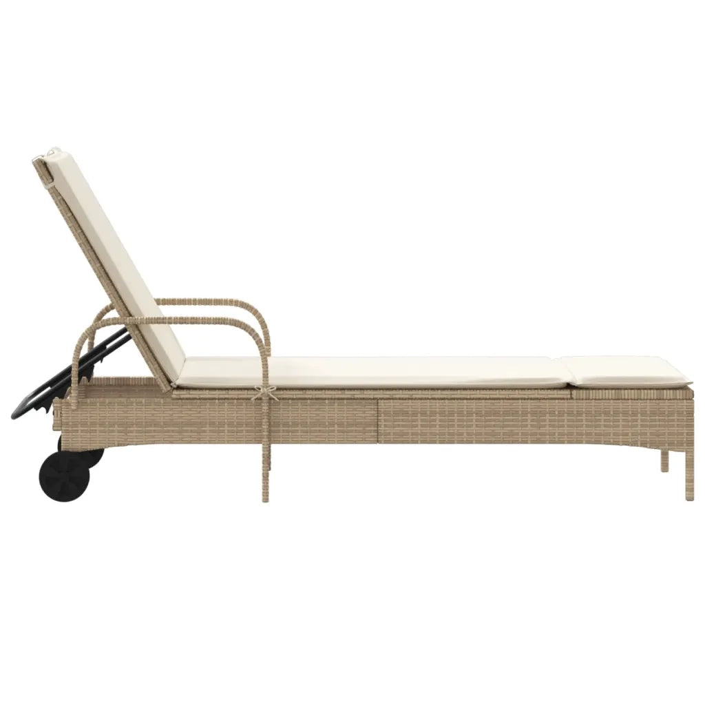 vidaXL Lettino Prendisole con Ruote e Cuscino in Polyrattan Beige