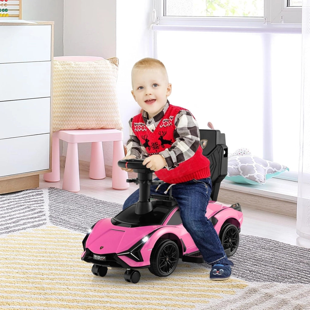 3 in 1 Auto da Spinta, Auto Scorrevole con Paracolpi e Manubrio Rimovibili Musica e Fari, Spazio di Stoccaggio Nascosto e Ruote Universali Staccabili, Bambini 18-24 Mesi (Rosa)