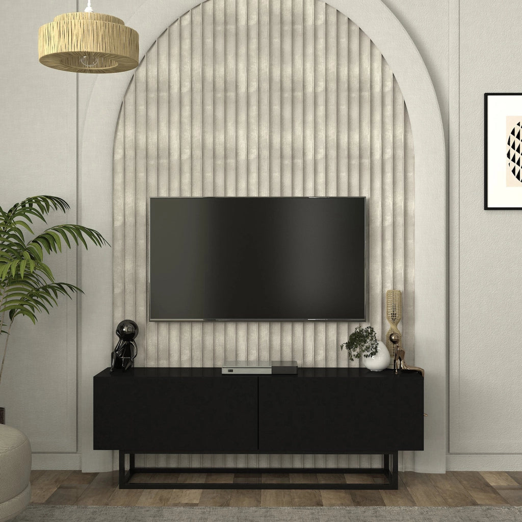 Mobile Porta TV Nolven a 2 Ante Ribalta e Telaio in Metallo 135x32x47 cm - Nero [en.casa]