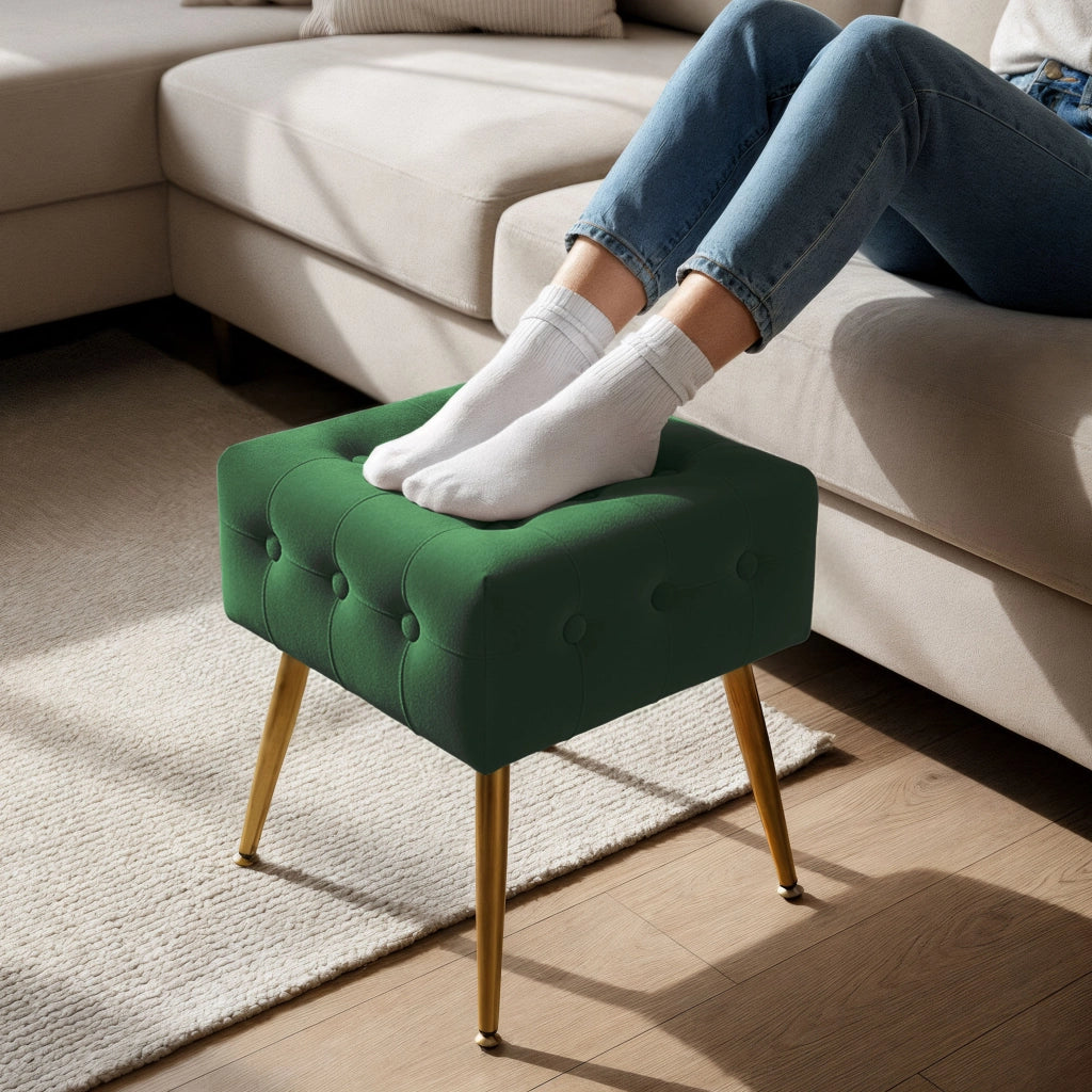 Pouf sgabello in velluto trapuntato 40 cm QUADRA Verde Bottiglia