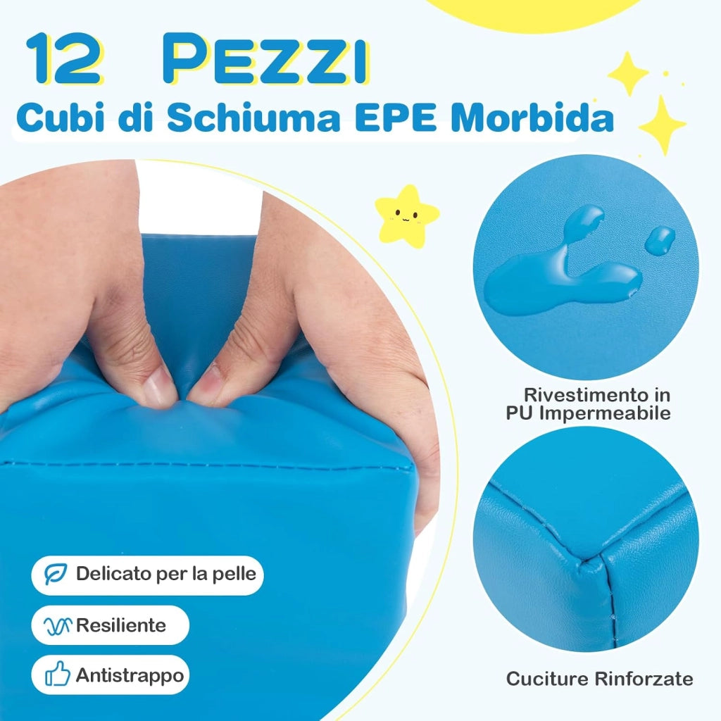 Set di 12 Blocchi da Costruzione in Schiuma EPE, Cubi Colorati 14 x 14 cm con Copertura in Finta Pelle Impermeabile, Blocchi Morbidi per Bambini per Impilare e Arrampicarsi (Rosa e Nero)