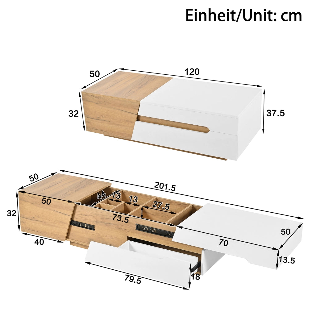 Tavolino da salotto con 2 Cassetti e Vani scorrevoli; per Soggiorno; in MDF; 120 × 50 × 37.5 cm; Bianco e Naturale