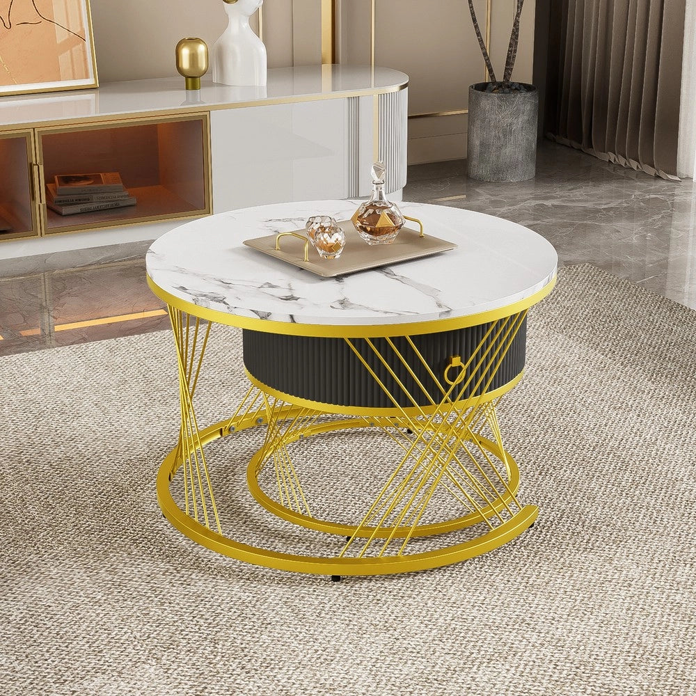 Tavolino da Caff¨¨ Set 2 pz con Cassetti ¨C Xylo ¨C Effetto Marmo, Decoro Oro