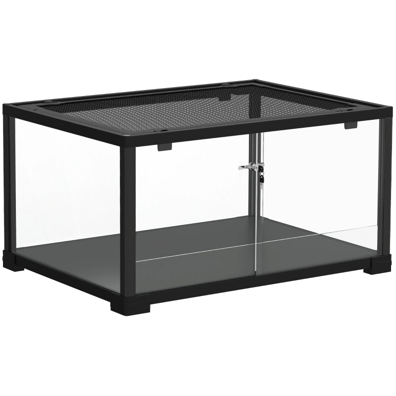 Terrario per rettili in vetro temperato con porta scorrevole e coperchio a rete, 60 x 45 x 32 cm, nero