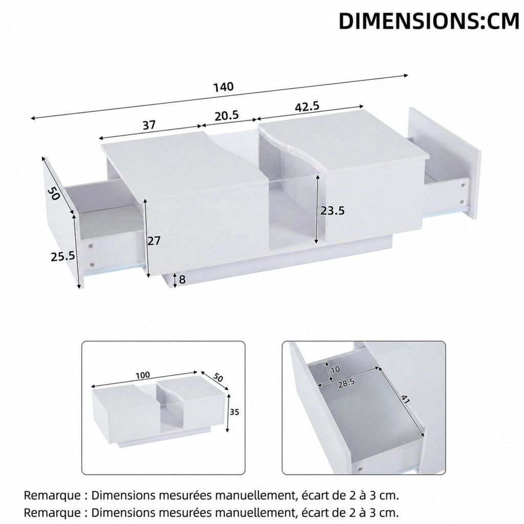 TAVOLINO da caffè LED 100x50x35 cm Bianco lucido in MDF con 2 cassetti
