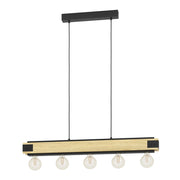 Lampadario A Sospensione Vintage Layham Metallo Nero Legno 5 Luci E27