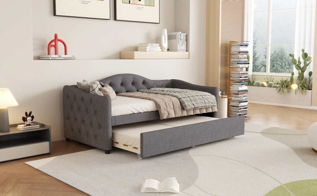 Letto divano 90 × 200 cm con letto estraibile, senza materasso, in lino, grigio, per camera e soggiorno