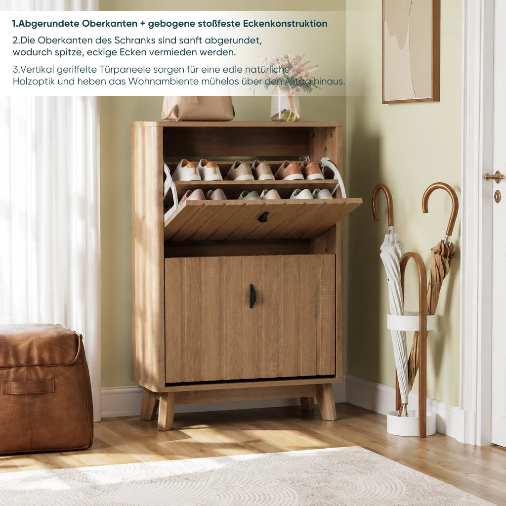 Scarpiera con 2 ante, ripiani regolabili e vano chiuso, stile nordico, per ingresso, in MDF e truciolare, rovere