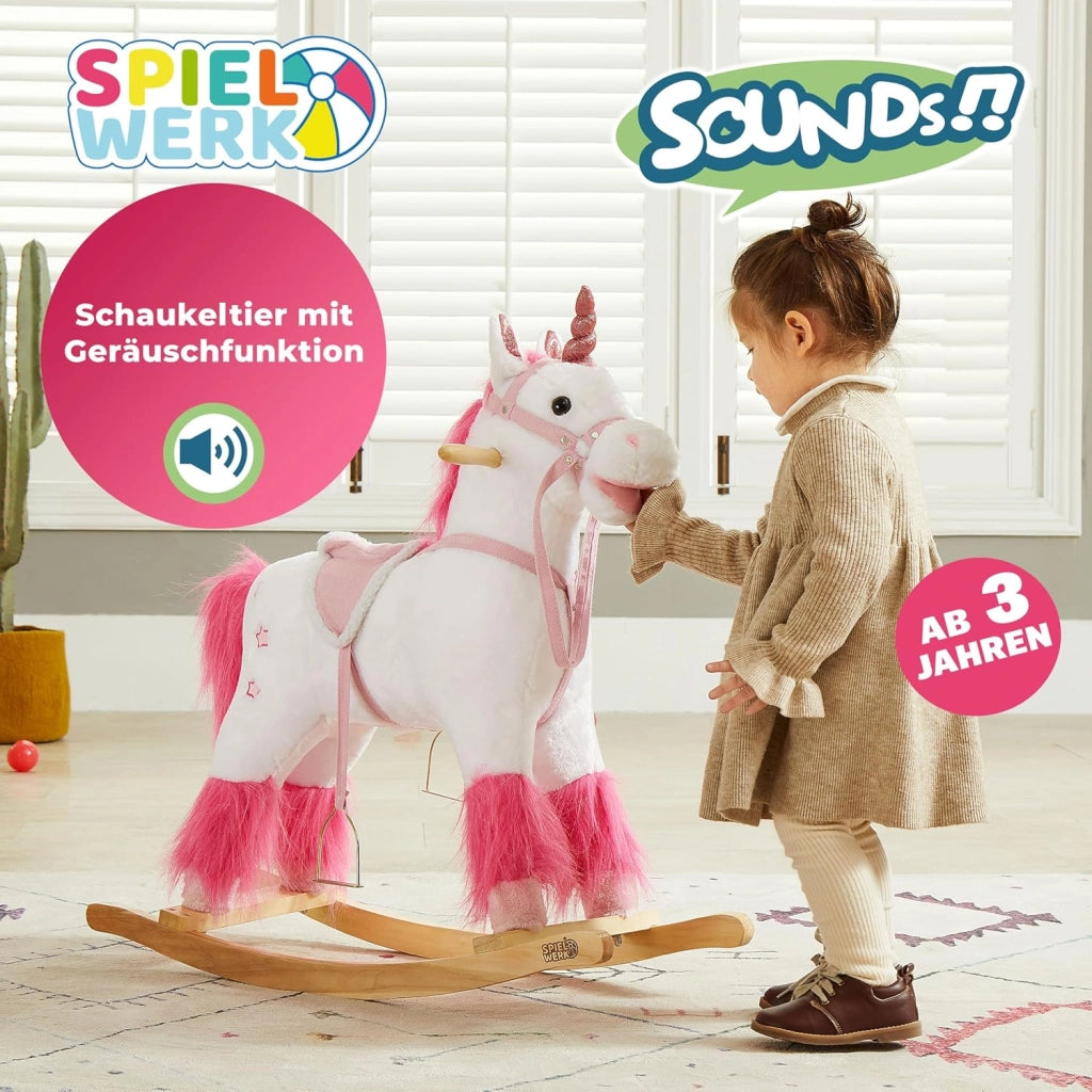DEUBA® Unicorno Peluche a Dondolo in Legno con Suoni Animale a dondolo Giochi Infanzia Gioco Bambini Giocattolo Regalo