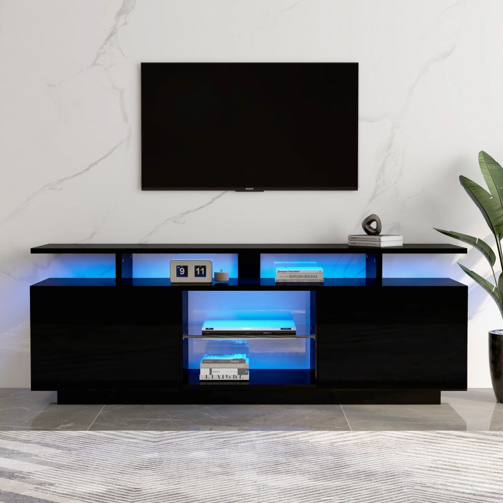 Mobile TV con 2 Ante e 5 Vani Aperti; LED controllato da App; per Soggiorno; in Pannelli di Particelle; 140 × 35 × 55 cm; Nero