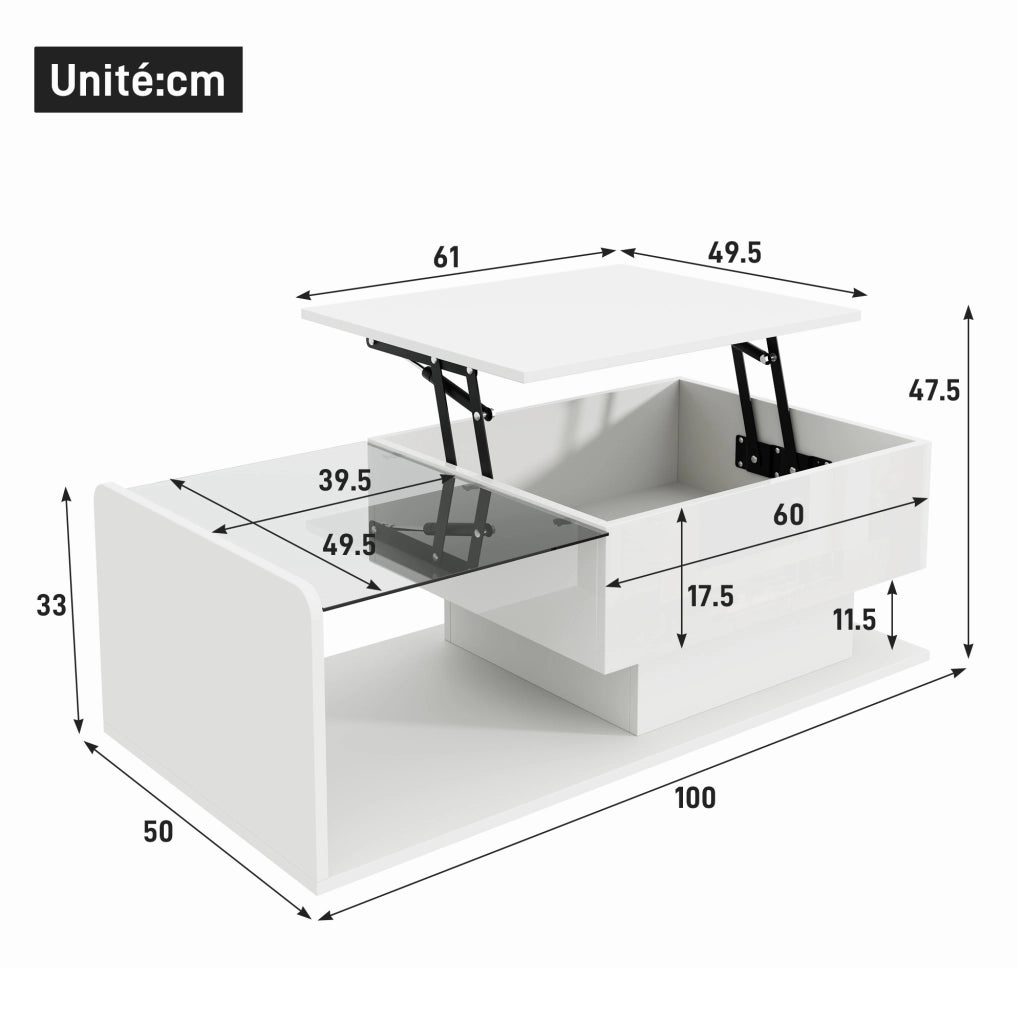 OKWISH Tavolino da Salotto Alzabile con Piano in Vetro Temperato, Vano Aperto e Chiuso, LED, per Soggiorno, 100 x 50 x 47.5 cm