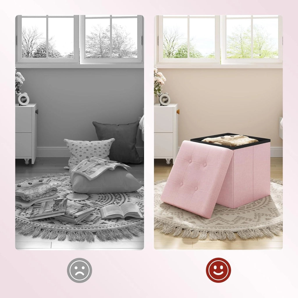 Set di 2 Panchetta con Contenitore, Pouf con Cassapanca, Scatola di Ripiano con Coperchio, Pieghevole, 43L, 37,5x38 x37,5cm, Resistenza fino a 300 kg, Tessuto Lino MDF, Rosa