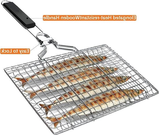 Cestello BBQ per griglia - Acciaio inossidabile - Portatile - Pesci verdure gamberi - Ripiegabile - Con maniglia e spazzola - Borsa di stoccaggio per cestello da griglia