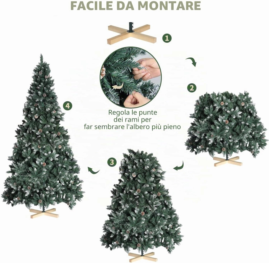 Albero di Natale Innevato 180cm, Albero di Natale Artificiale con 32PCS Pigne, Super Folto, Effetto Realistico e Rami con Aghi Anticaduta, Supporto in Legno, 1092 Punte, Decorazione Natalizia