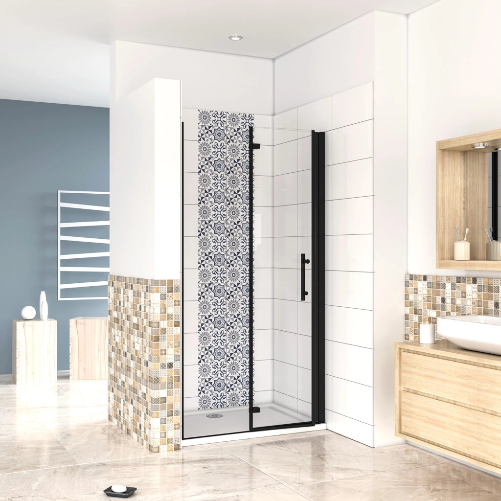 70x190 cm Porta Doccia per Nicchia Apertura Battente Pieghevole in Vetro Temperato Trasparente 5 mm Anticalcare Telaio Nero Opaco