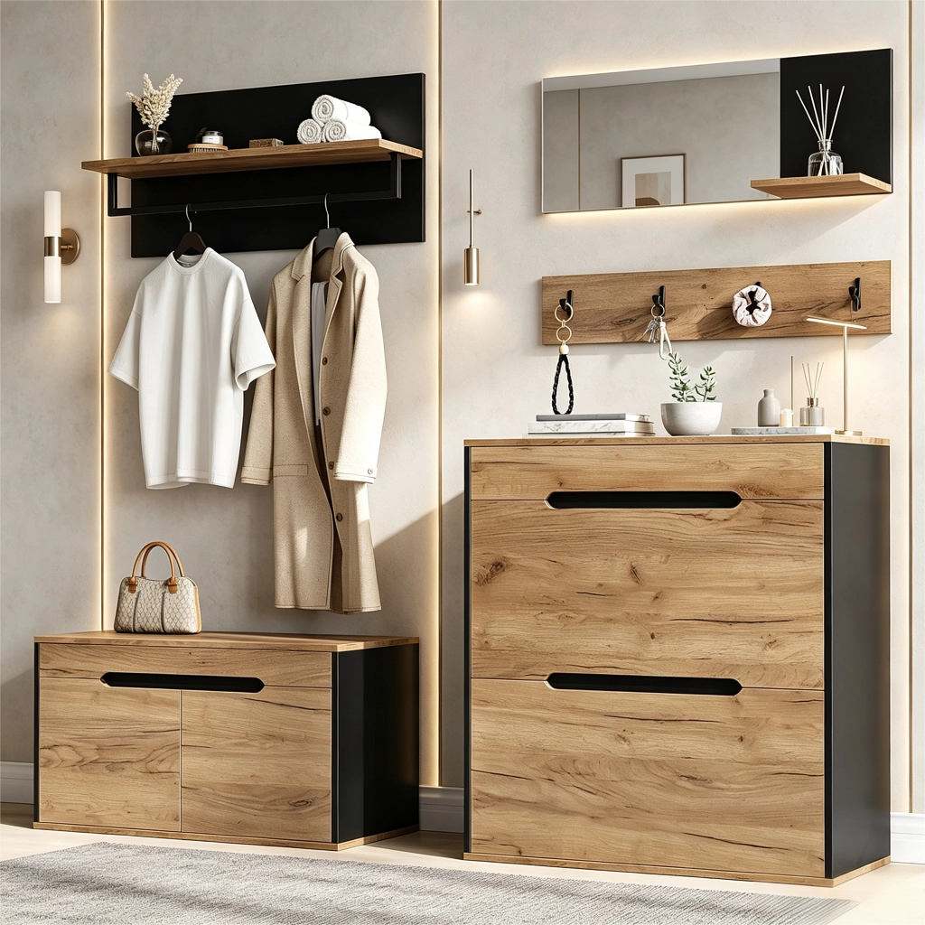 Set guardaroba modulare con scarpiera ribaltabile, panca portaoggetti, specchio e appendiabiti, Nero/Naturale, 156x36x176 cm