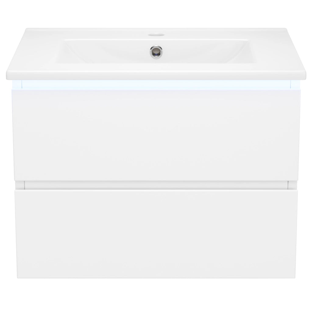 Mobile Bagno Sospeso con Lavabo Integrato e LED ¨C MINIMAL ¨C Bianco, 2 Cassetti, 61x46x45 cm