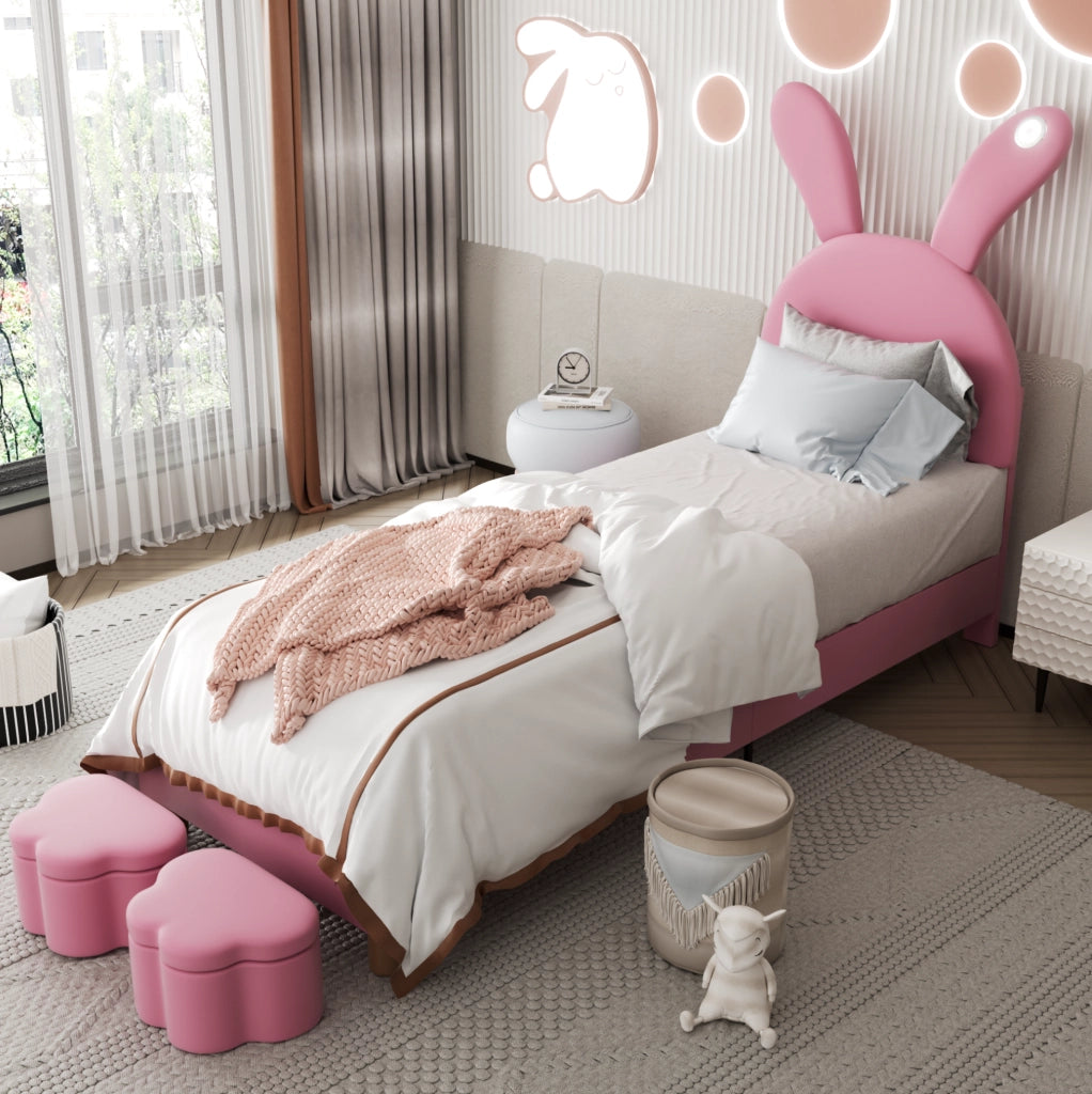 Letto rosa 90 x 200 cm con LED, panche contenitore e orecchie pieghevoli