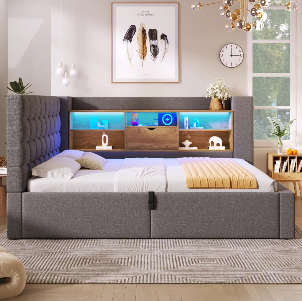 Letto imbottito 90x200 cm grigio con LED, ricarica USB, contenitore e materasso H3