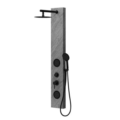 Pannello doccia in acciaio inox effetto pietra con soffione slim nero opaco