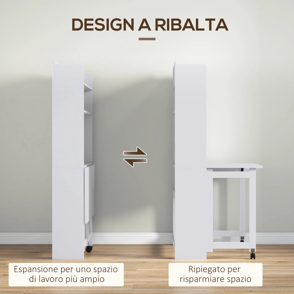 Scrivania Pieghevole 80x69x155 cm con Libreria a 4 Ripiani 2 Ruote e Foro Passacavi in MDF Bianco