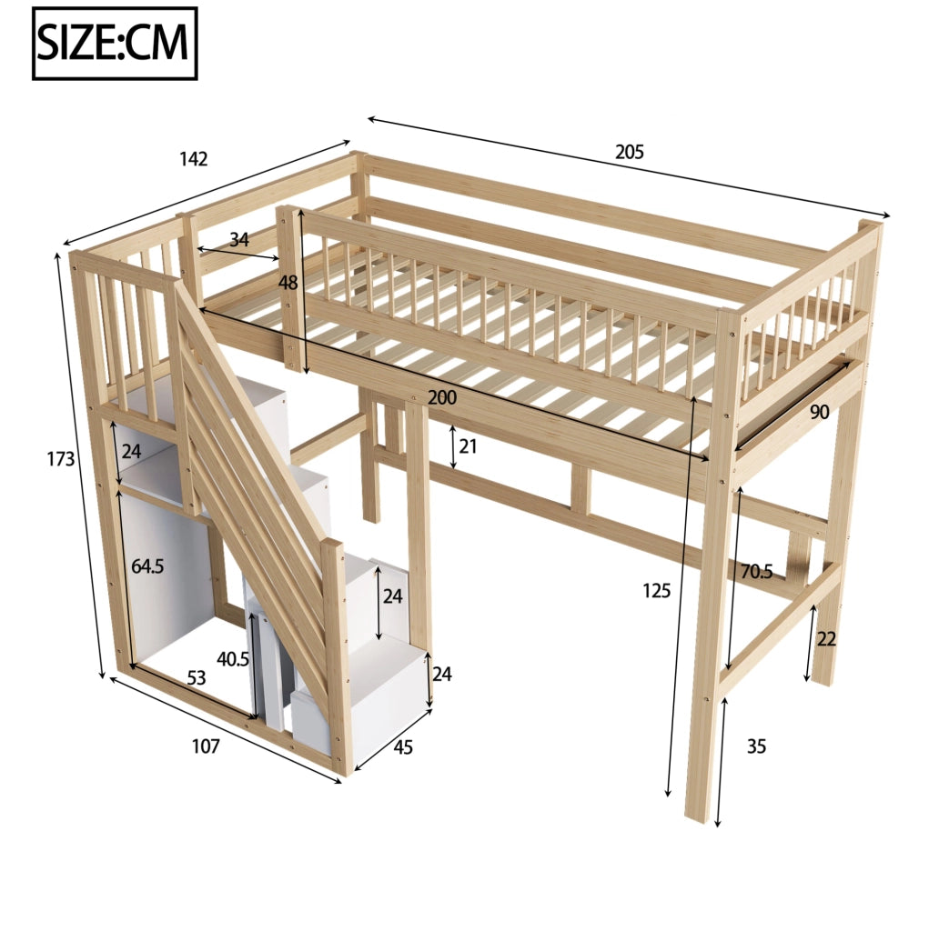 LETTO singolo 90x200 cm con scala contenitore, legno naturale