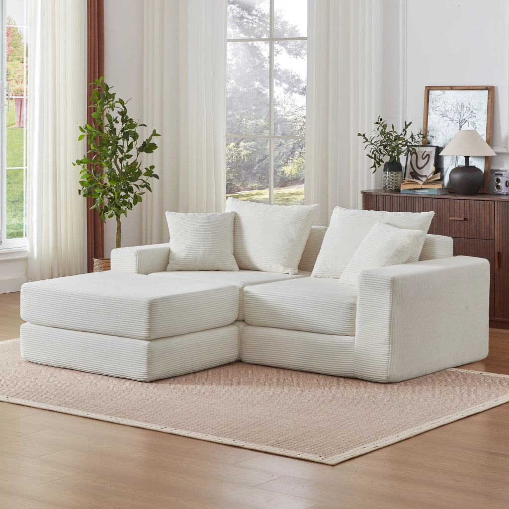 Divano modulare convertibile a 2 posti con schienale e braccioli ampi in velluto a coste bianco 259,5 × 96 × 80 cm