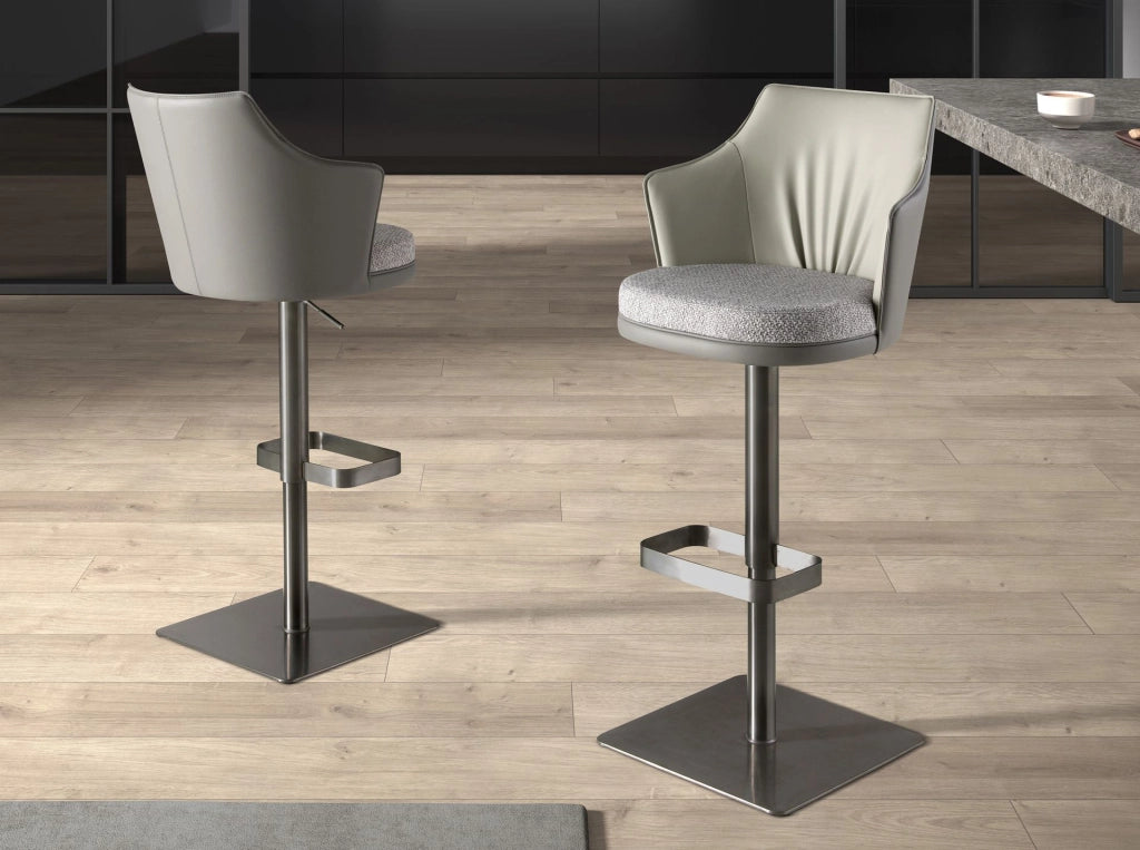 Sgabello girevole in tessuto grigio screziato e similpelle grigio scuro