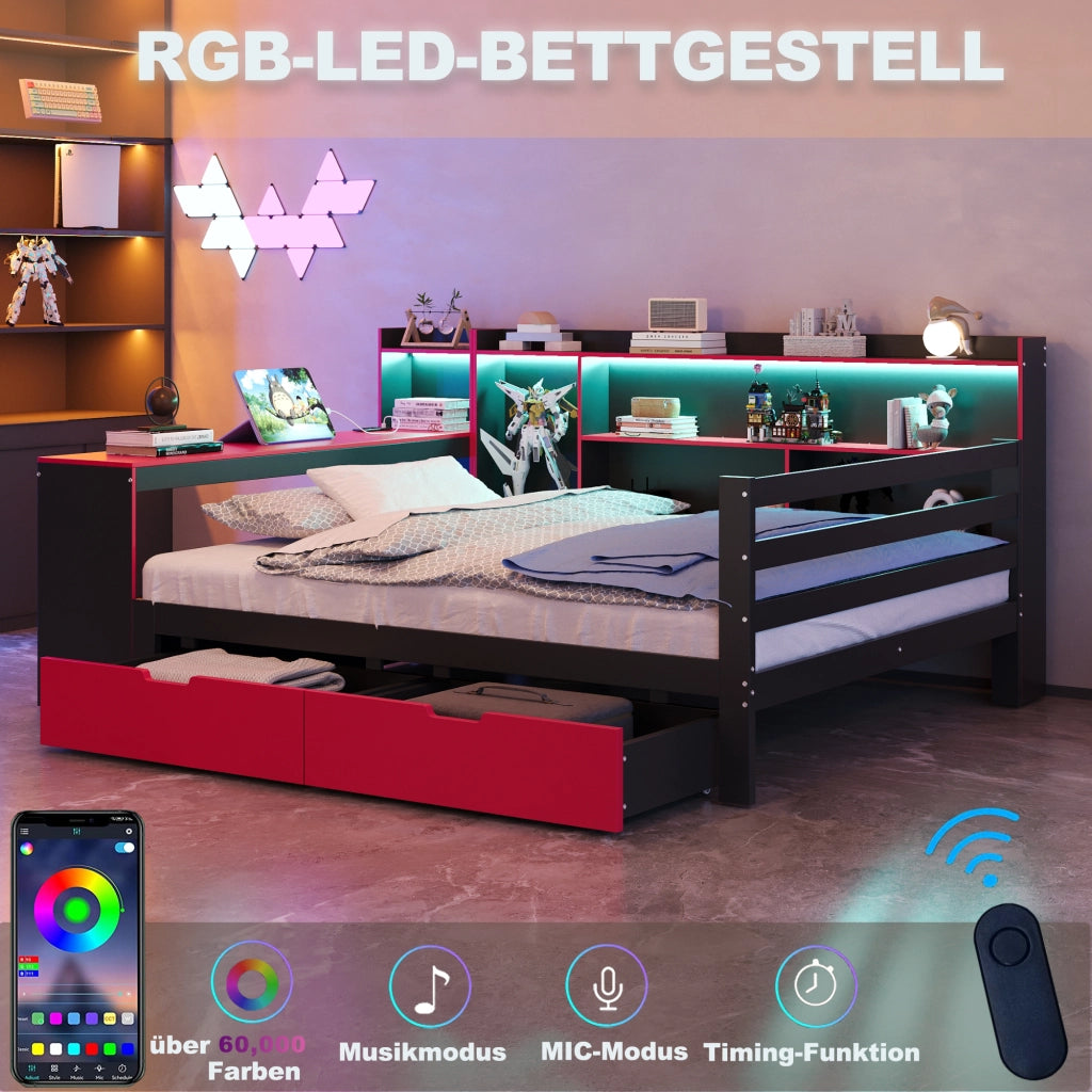 OKWISH Letto Combinato 140×200 cm, Letto Matrimoniale con Scrivania, Libreria, Mensole, LED, USB, 2 Cassetti, senza Materasso, Nero e Rosso