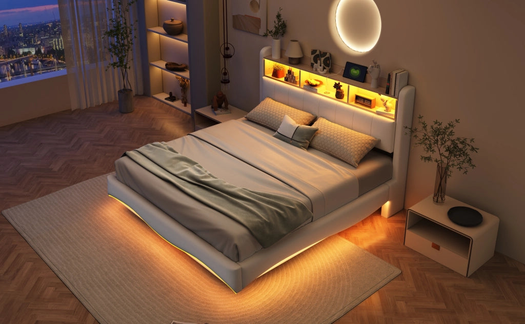 Letto imbottito sospeso 160x200 cm beige con LED, porte USB e Type-C, testiera con vano contenitore, struttura in metallo