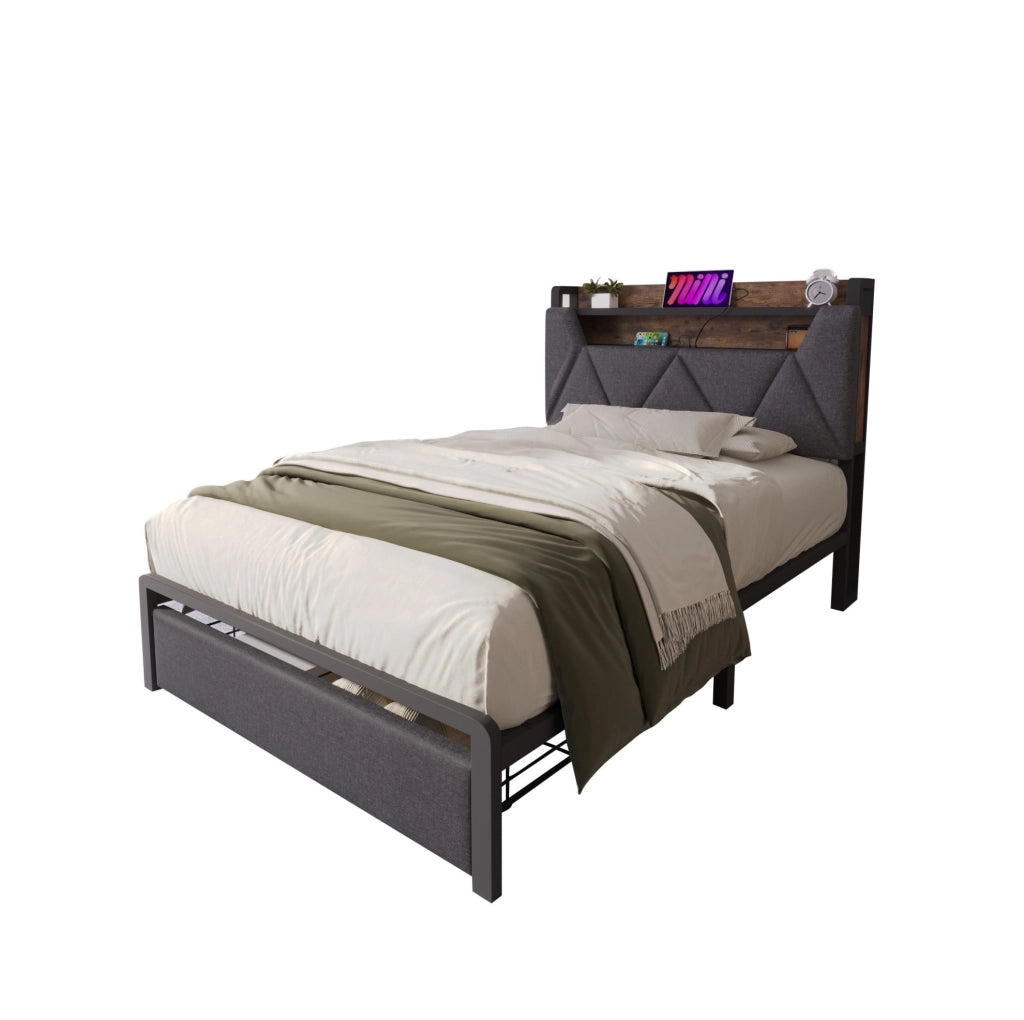 Letto singolo 90x200 cm in lino grigio con testiera contenitore; LED e cassetti