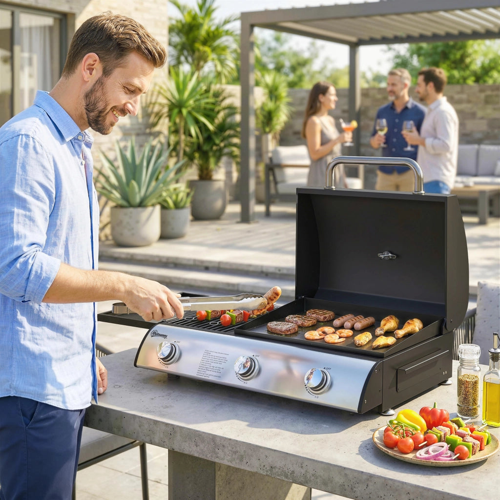 Barbecue a Gas con 3 Bruciatori 7,5 kW ¨C zephmum ¨C Griglia Piana, Ripiano Laterale, Nero