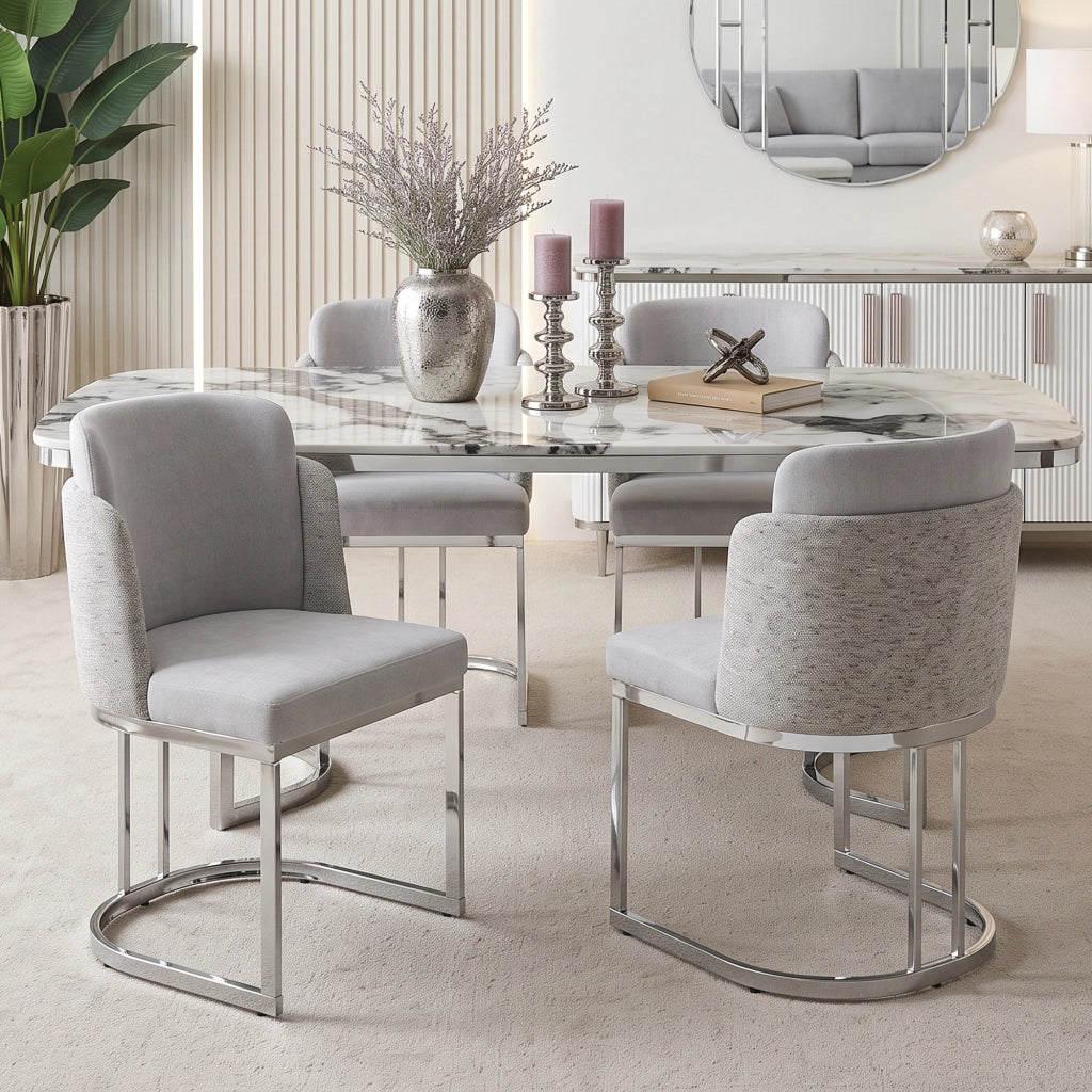 2 sedie da pranzo moderne in chenille grigio e metallo galvanizzato, con doppio schienale, seduta confortevole e struttura robusta