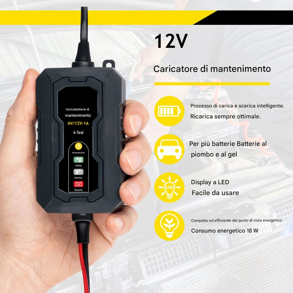 Caricabatterie di Mantenimento per Auto e Moto con Ciclo di Ricarica a 6 Fasi