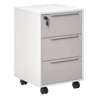 Schedario per Ufficio a 3 Cassetti con Chiavi di Sicurezza e 4 Ruote, in Legno, 40x40x63.5 cm, Bianco e Grigio