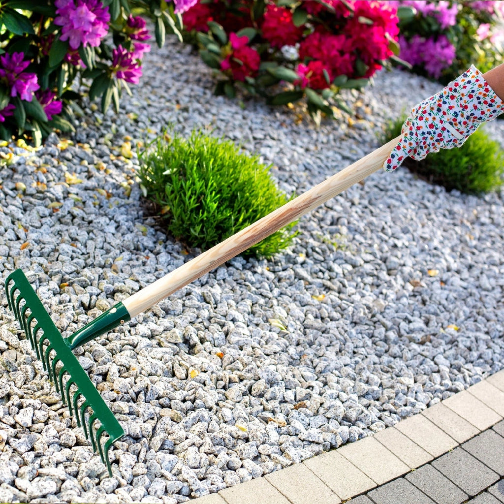 Rastrello per foglie KADAX, per giardino ed erba, con manico in legno, 138 cm, rastrello solido a 16 denti.