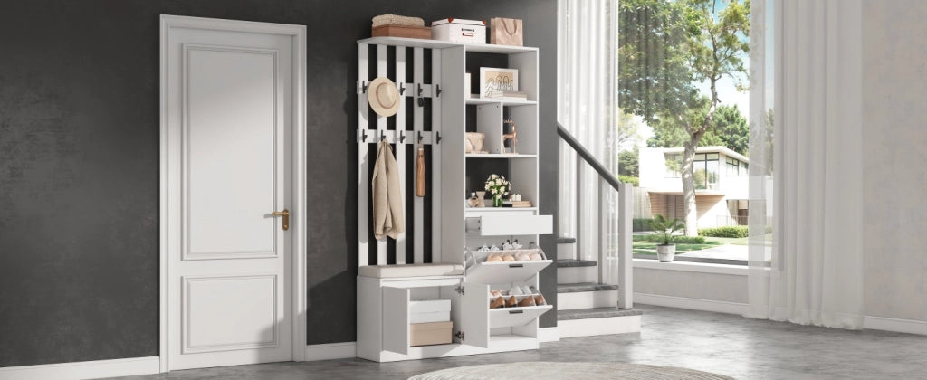 Mobile da ingresso con 2 scarpiere a ribalta, 1 cassetto, 2 ante, 10 ganci e panca imbottita, bianco, 120 × 30 × 200 cm