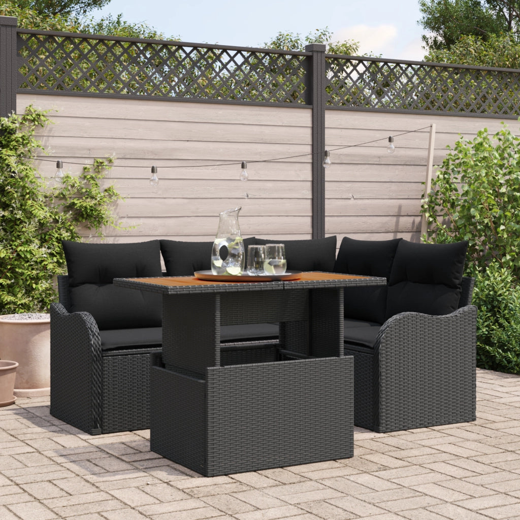 Set Divano da Giardino in 5 Pezzi con Cuscini Rattan Nero